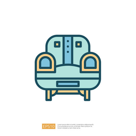 A simple, stylized illustration of a comfortable armchair with a light blue color and wooden legs, suitable for home decor or furniture design concepts.のイラスト素材
