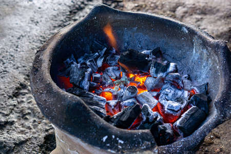 Charcoal briquettes, one of Indonesia's traditional burning methods.の写真素材