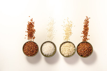 Raw rice assortment in bowl on white background. Horizontal. Place for text. Top view.の写真素材