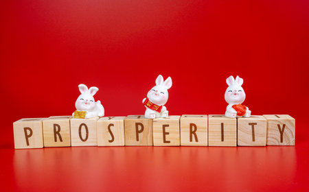 Chinese New Year 2023 concept. Prosperity word written on wood block and Rabbit decorations with Chinese Sentences respectively means "good luck". Isolated red.の写真素材