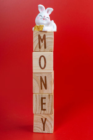 Chinese New Year 2023 concept. Money word written on wood block and Rabbit decorations with Chinese Sentences respectively means "good luck". Isolated red.の写真素材