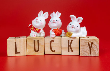 Chinese New Year 2023 concept. Lucky word written on wood block and Rabbit decorations with Chinese Sentences means "good luck". Isolated red.の写真素材
