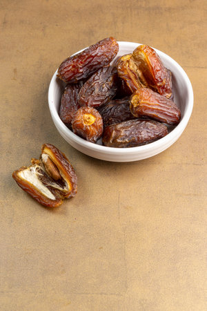 Raw Organic Medjool Dates (Kurma in Indonesia). It's also Ramadan "Iftar". Ramadan Kareem. Top View. Place for text.の写真素材