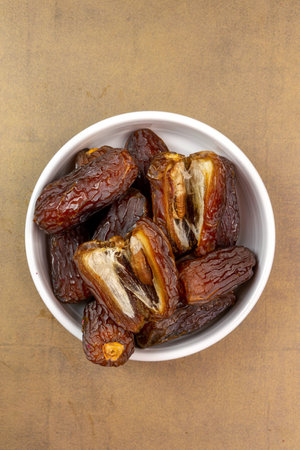 Raw Organic Medjool Dates (Kurma in Indonesia). It's also Ramadan "Iftar". Ramadan Kareem. Top View. Place for text.の写真素材