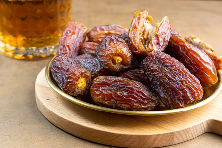 Raw Organic Medjool Dates (Kurma in Indonesia). It's also Ramadan "Iftar". Ramadan Kareem. Top View. Place for text.の写真素材