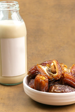 Milk Dates (Susu Kurma) made from milk and dates or palm fruits. Place for text. Copy spaceの写真素材