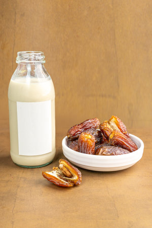 Milk Dates (Susu Kurma) made from milk and dates or palm fruits. Place for text. Copy spaceの写真素材