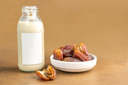 Milk Dates (Susu Kurma) made from milk and dates or palm fruits. Place for text. Copy spaceの写真素材