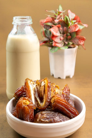 Milk Dates (Susu Kurma) made from milk and dates or palm fruits. Place for text. Copy spaceの写真素材