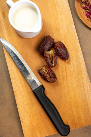 Milk Dates (Susu Kurma) made from milk and dates or palm fruits. Place for text. Copy spaceの写真素材