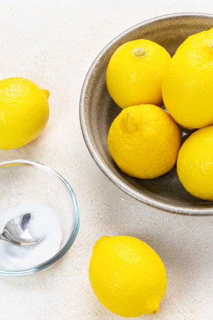 Lemon and sea salt,organic homemade cosmetics with lemon ingredients. For beauty and body treatment.の写真素材