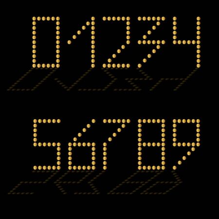 Set of gold numbers with reflection. The black background. Figures consisting of circles.のイラスト素材