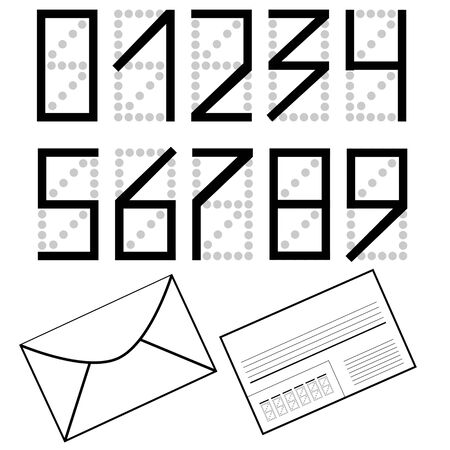 A set of numbers as on the envelope. Black numbers isolated on white background. Mailing envelope. のイラスト素材