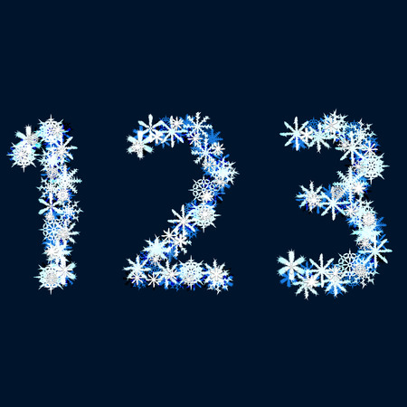 The numbers "one" "two" "three". Crafted of blue and white snowflakes. On a dark blue background. Christmas design. Vector illustration.のイラスト素材