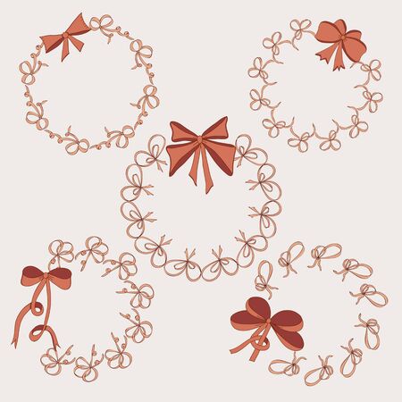 Five round frames. Vintage style. Hand drawn bows. Light brown and red colors. Vector illustrationのイラスト素材
