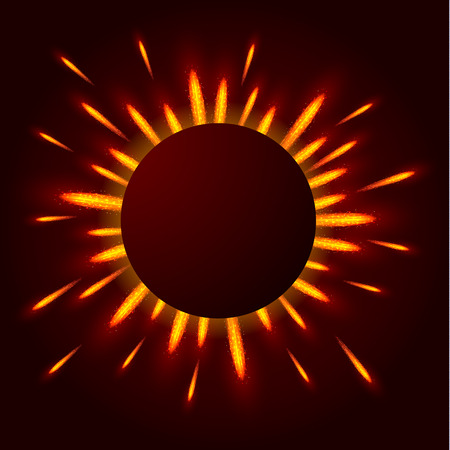 A bright flash of light in the darkness. The rays of the sun or stars. Round frame for your design. Explosive energy of the cosmos. Vector illustration.のイラスト素材