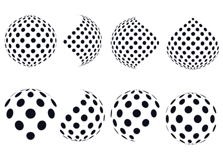 3D vector halftone spheres. Set of abstract backgrounds. ?otted circle. Isolated on white background. Black and white sphere dots pattern. Design element. Vector illustration.のイラスト素材