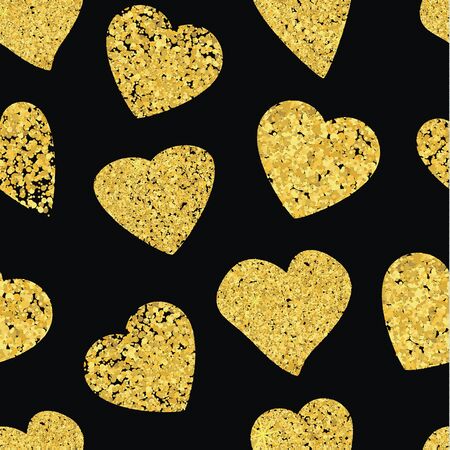 Golden Heart seamless pattern. Black background. Design for Christmas, wedding, birthday, save the...