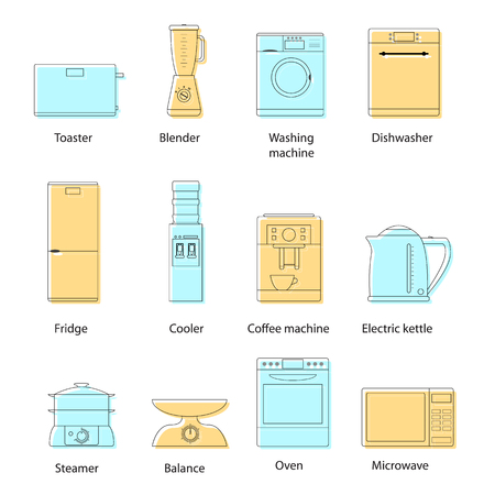 Household kitchen appliances. Set of linear icons. The black strokes. Blue and orange color. Appliances. Modern technology. Assistants Housewives. Vector illustration.のイラスト素材