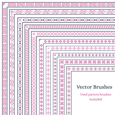 Brush with external and internal corners. Patterns embroidered cross on the canvas. Cross-stitch. Used brushes are included. Vector illustration.のイラスト素材