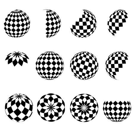 3D vector halftone spheres. Set of abstract backgrounds. Dotted circle. Isolated on white background. Black and white square pattern. Design element. Vector illustration.のイラスト素材