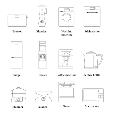 Household kitchen appliances. Set of linear icons. The black strokes. Appliances. Modern technology. Assistants Housewives. Vector illustration.のイラスト素材
