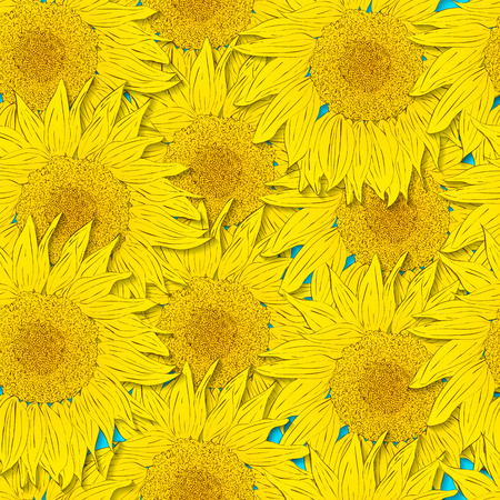 Sunflower seamless pattern. Bright yellow flowers on a blue background. The beauty of nature. Hand drawn sunflower. Asymmetrical floral background. Vector illustration.のイラスト素材