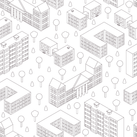 Isometric seamless pattern. Linear style. The contours and outlines of buildings, schools, universities. The trees and bushes. Seamless background. Veterna illustration.のイラスト素材