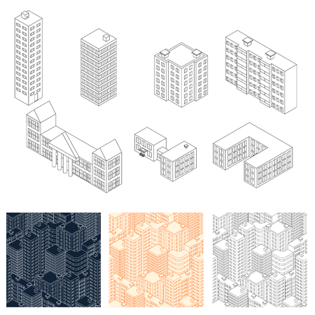 The set of linear isometric buildings. School, kindergarten, University, house, office. Set of seamless patterns in different colors. Vector illustration.のイラスト素材