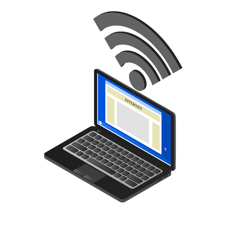 The laptop and sign Wi-Fi in isometric. A computer with access to the Internet. Free Wi Fi. A realistic image. Vector illustration. Isolated on white.のイラスト素材