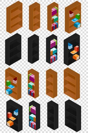 Set of Bookshelves with books in the isometric. Wooden Bookcases for books. Black and brown colors. Stacks of books of different colors and sizes. Isolated on white background. Vector illustration.のイラスト素材