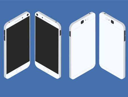 Cell phone. Flat isometric. Mobile device. Modern technologies of communication. Communication and management. White smartphone. Touchscreen display. Vector illustration.のイラスト素材