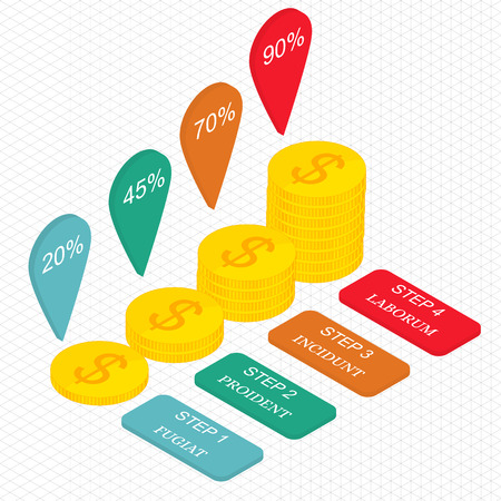 Gold coins in isometric. The income growth. Money infographics. The profit chart. The percentage signs. Isometric grid. Vector illustration.のイラスト素材