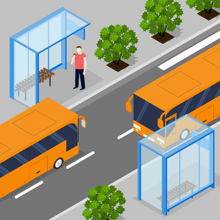 Two oncoming city bus. Flat isometric. Two bus stops. People waiting for ground transportation. The trees along the road. Vector illustration.のイラスト素材