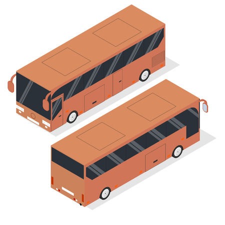 Isometric tourist bus. Realistic bus in a flat style. The front and back. Urban transport for passengers. Transport of people and things. Vector illustration.のイラスト素材