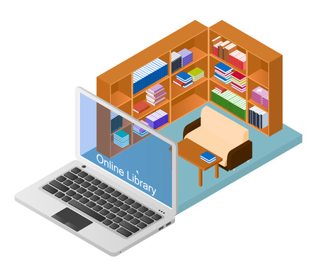 Online library. A web site with a collection of electronic books. Educational materials. Concept Laptop with the library. E-education. Vector illustration.のイラスト素材