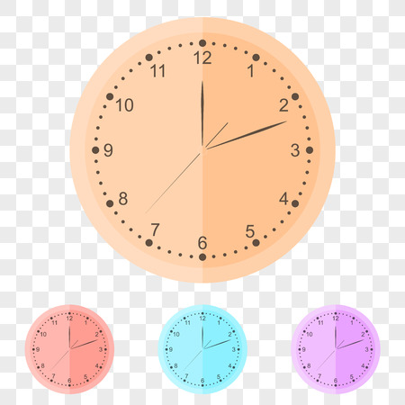 Round wall clock in flat style. The set of clocks of different colors. Clockwise. Three arrows on the dial. The exact time. Vector illustration.のイラスト素材