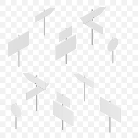 Isometric White road signs. Posts with pointers for the city. The Board with ads. The direction of the path. Pointers to left and right. Vector illustration.のイラスト素材