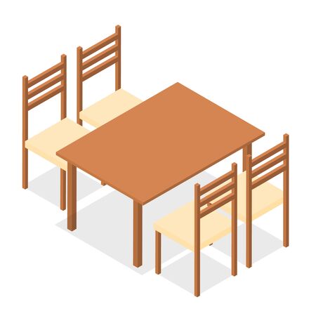 Four chairs and a rectangular table. Flat isometric. Wood products. Isolated on white background. Vector illustration.のイラスト素材