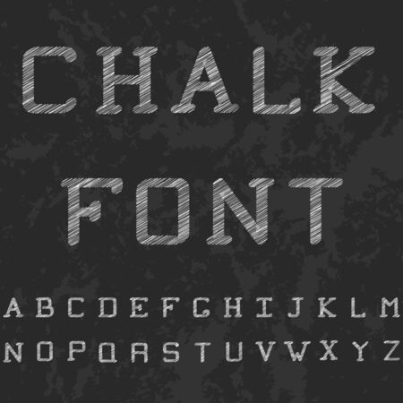 Chack font. Large black printed Latin letters. Shaded alphabet. Isolated on white background. The letters are written on the chalkboard. Vector illustrationのイラスト素材