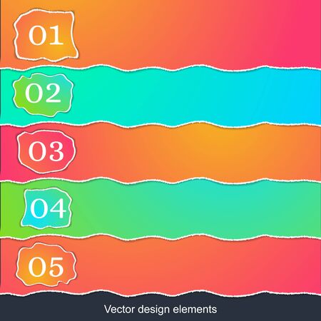 The pieces of torn colored paper. Ragged ends. Bright positive colors. Banners for infographics. 5 points. Set of colored stickers. Abstract background. Vector illustration.のイラスト素材
