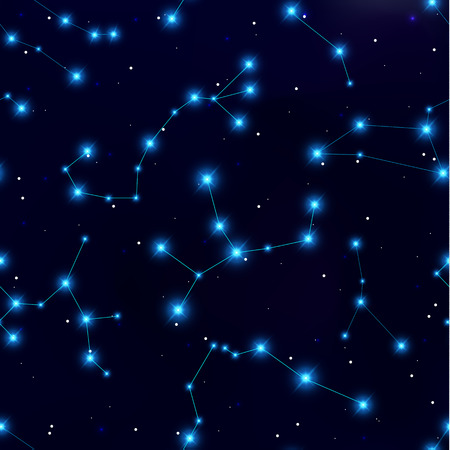 The zodiacal constellation seamless pattern. Bright shining blue stars on dark blue sky. The universe is infinite. . Vector illustrationのイラスト素材