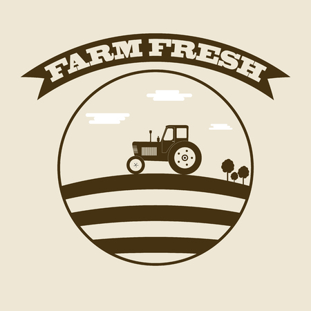 Silhouette of tractor in field. Harvest. Icon design for your natural product. The Label "Farm Fresh". Vintage style. Vector illustration.のイラスト素材