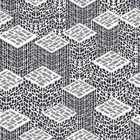 Abstract Town in isometric view. Seamless pattern with houses. Different square windows. Black and white background. Modern city skyline. Vector illustration.のイラスト素材