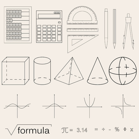Set of math icons. Linear style. Knowledge of math and geometry. The geometric shapes. The abacus and the calculator. The pen and pencil. Concept of knowledge. Vector illustration.のイラスト素材