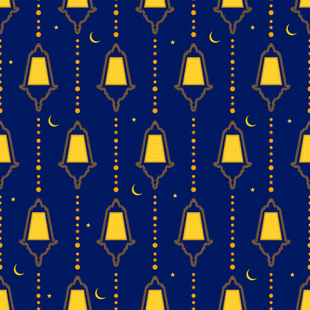 Ramadan Kareem festive seamless pattern. Traditional Ramadan lantern. Blue greeting card. The Muslim holiday. Arabic lamp and Crescent moon. The Holy month of Ramadan. Vector illustration.のイラスト素材