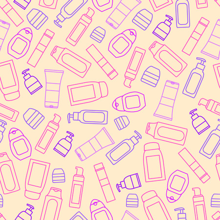 Beauty seamless pattern. Makeup background. Tubes of shampoo and creams. Design for Spa salon or...