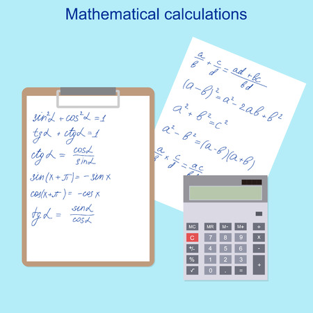 The mathematical formulas. Calculator, tablet and white paper into a flat style. Handwritten formulas. School curriculum the learning of mathematics. The educational concept. Vector illustration.のイラスト素材