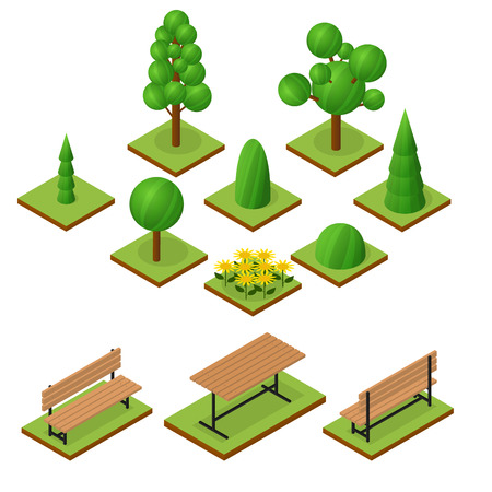 Set of Trees and bushes in isometric view. Isometric wooden bench and table. The place to stay. Flower bed of sunflowers. The elements of the Park or garden. Vector illustration.のイラスト素材
