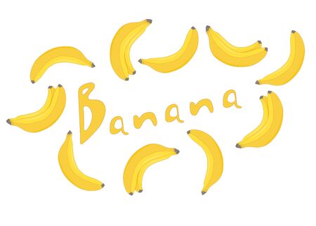 Yellow bananas. The lettering "banana". Fresh ripe and healthy fruits. Vegetarian food. Banana frame. Vector illustration.のイラスト素材
